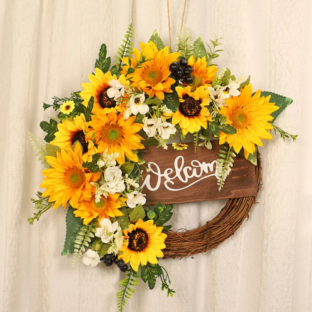 Sunflower Wreath For Front Door Yellow Decorative Summer Floral Door Wreath Welcome Sign Wall Home Decoration