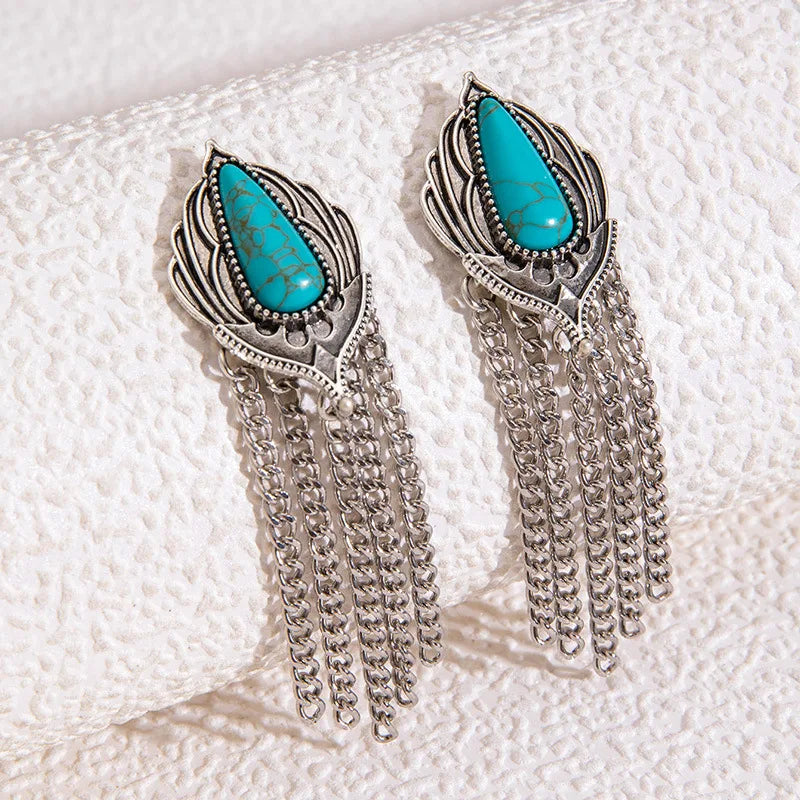 Western SilverTone Turquoise Tassel Dangle Earrings