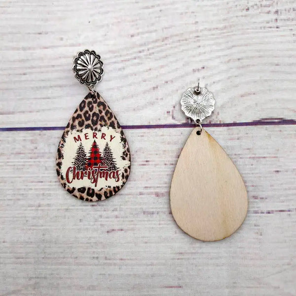 Christmas Tree Pattern Leopard Background Wood Teardrop Dangle Earrings