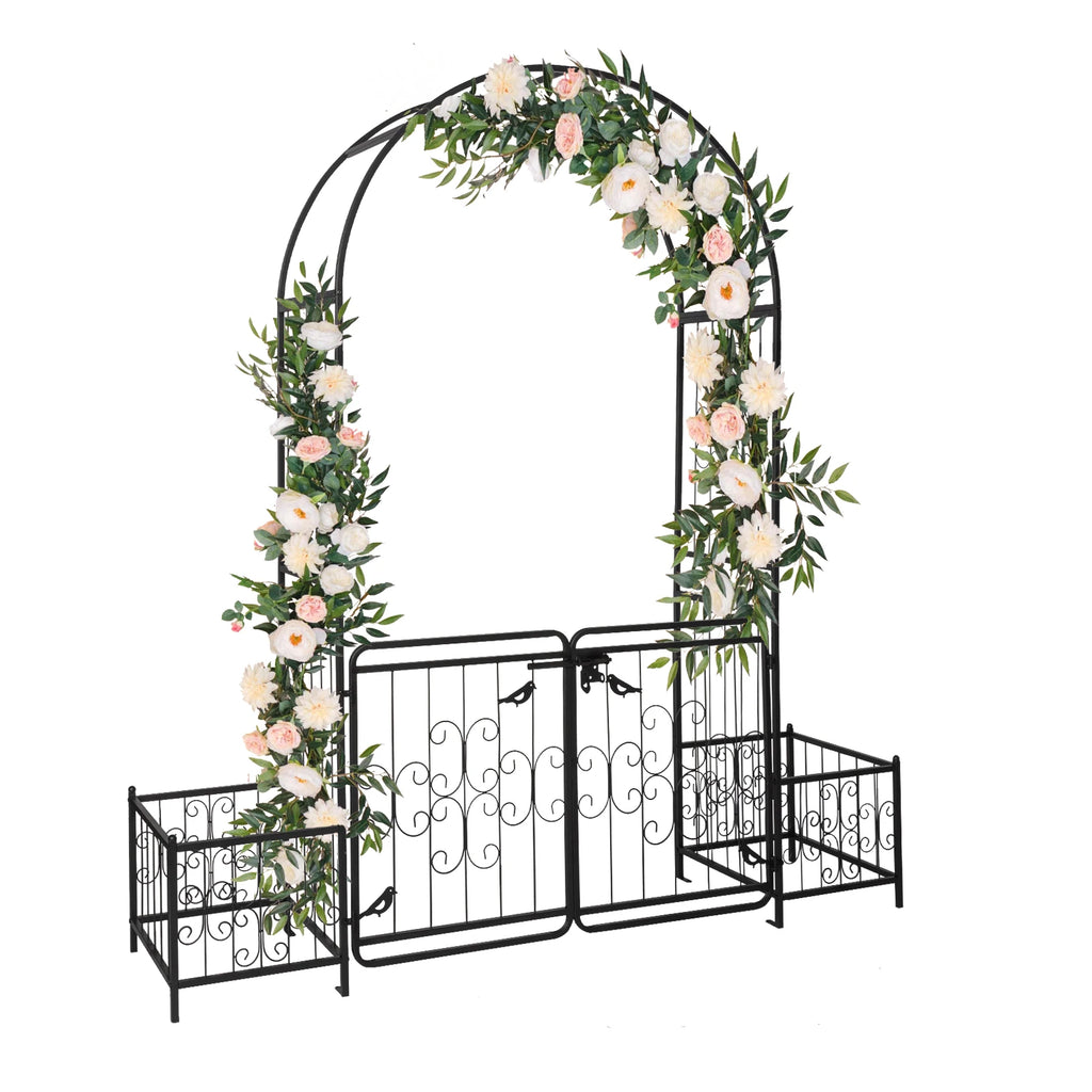 7.2ft Arc Top Wrought Iron Garden Arbor with Double Gate & Side Planting Boxes