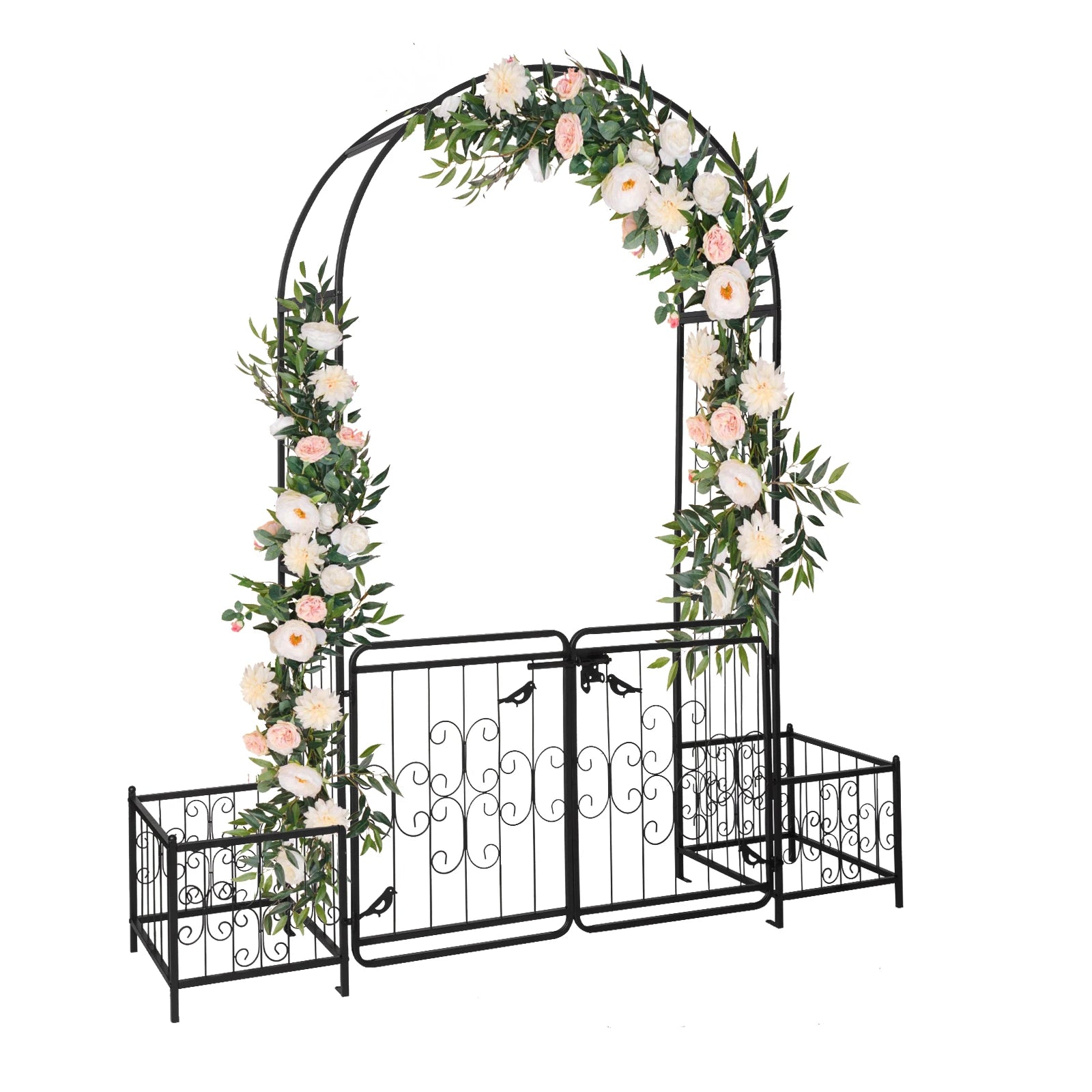 7.2ft Arc Top Wrought Iron Garden Arbor with Double Gate & Side Planting Boxes