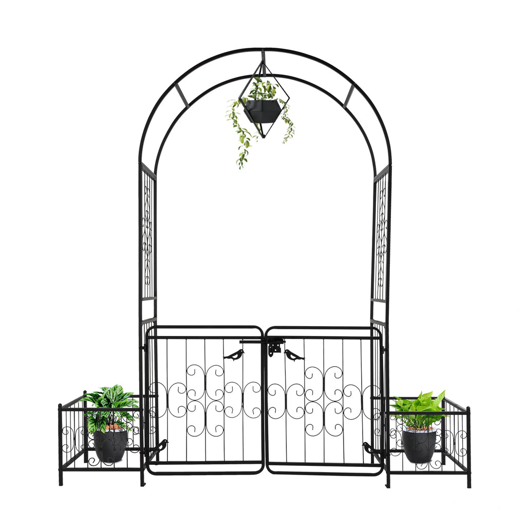 7.2ft Arc Top Wrought Iron Garden Arbor with Double Gate & Side Planting Boxes