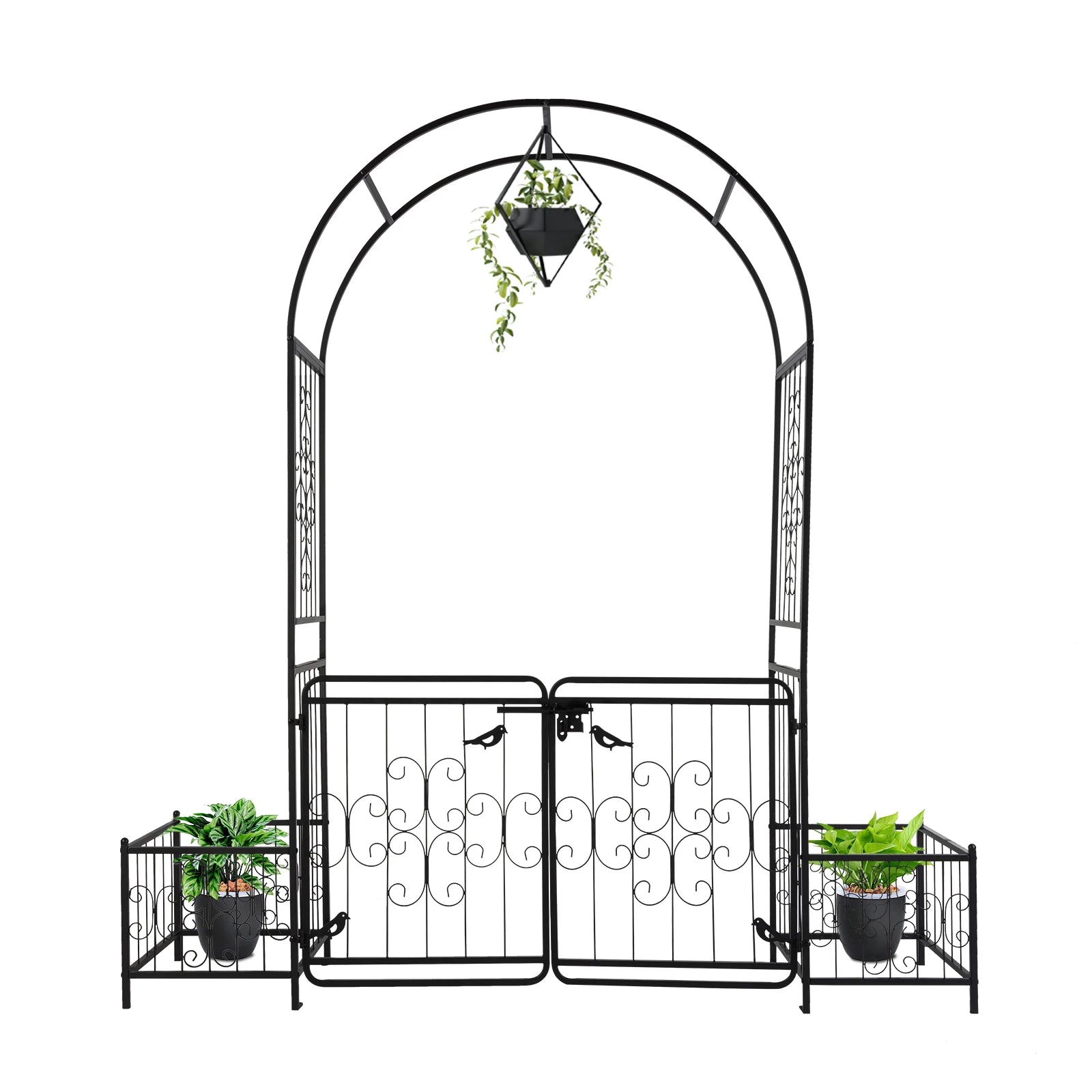 7.2ft Arc Top Wrought Iron Garden Arbor with Double Gate & Side Planting Boxes