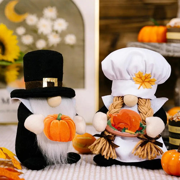 Handmade Thanksgiving Chef Gnome Dolls with Pumpkin Maple Turkey - jenshomeandgardendecor