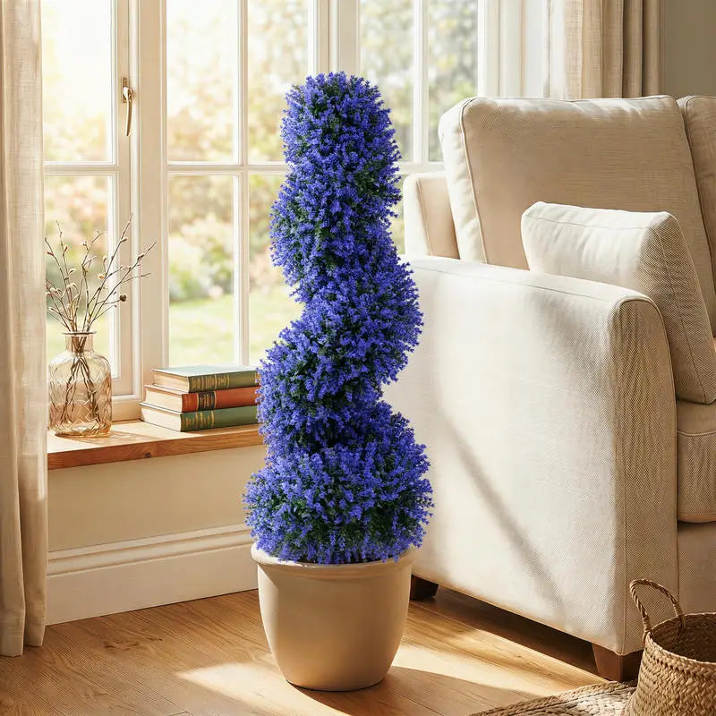 Set of 2 Artificial Spiral Topiary Trees with Sun Protection and Ground Spikes-Purple