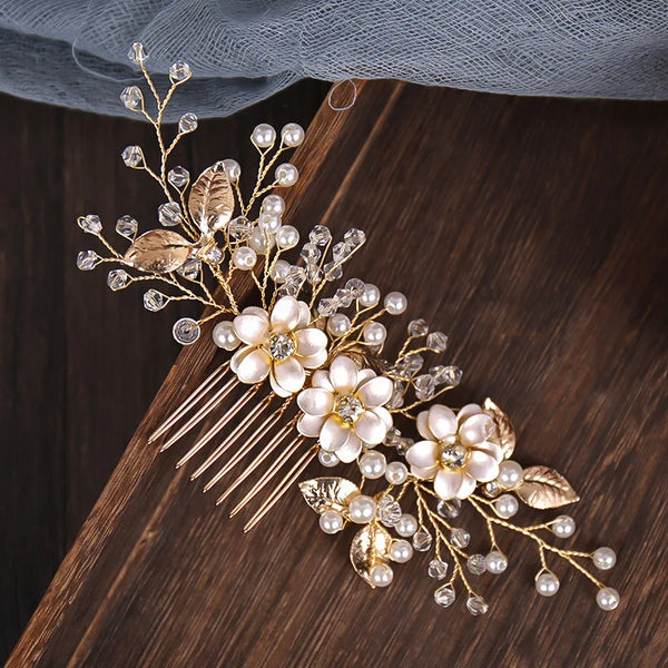 Wedding Hair Comb Side Hairpin Golden Floral Crystal