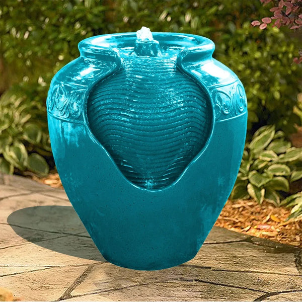 Outdoor Glazed Pot Floor Fountain with LED Light - Teal - jenshomeandgardendecor