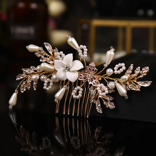 Wedding Hair Comb Side Hairpin Golden Floral Crystal