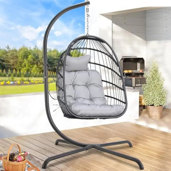 Outdoor Swing Egg Chair with Stand, 350Lbs Heavy-Duty Wicker Egg Hanging Patio Chairs W/Thick Cushion