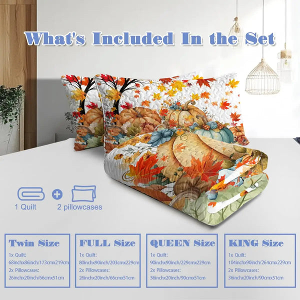 Colorful Pumpkin Oil Painting Quilt Set - 3-Piece Queen Bedding with 2 Pillowcases