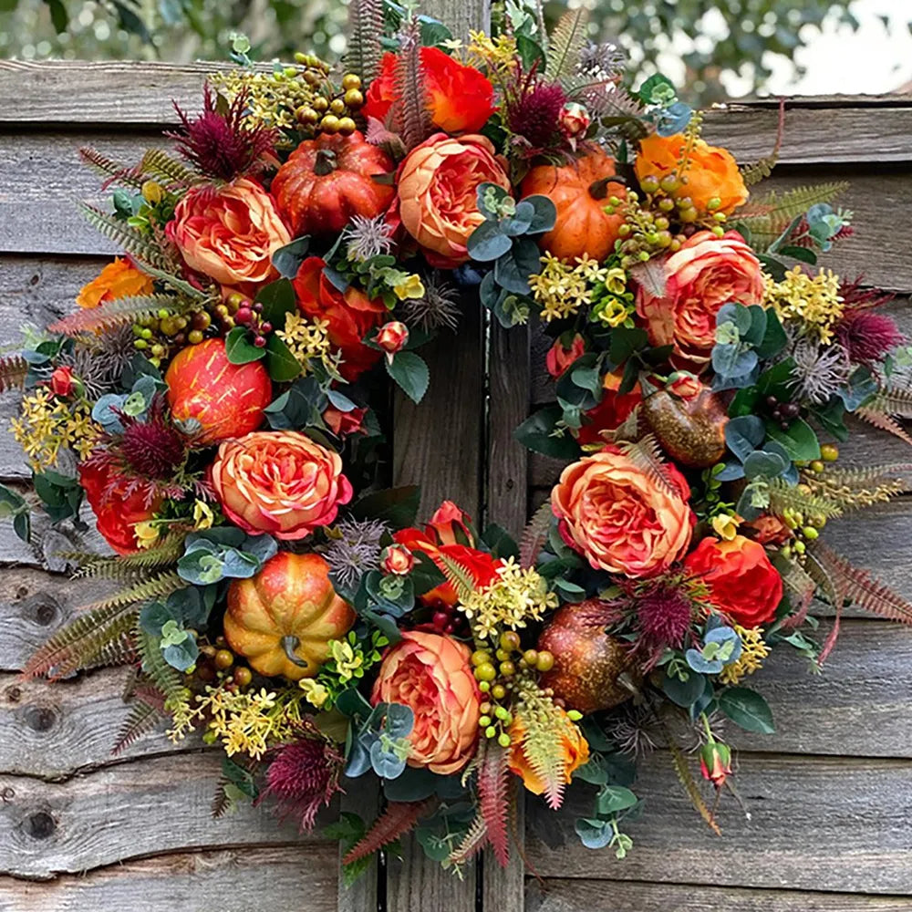 Artificial Autumn Peony And Pumpkin Wreath - jenshomeandgardendecor