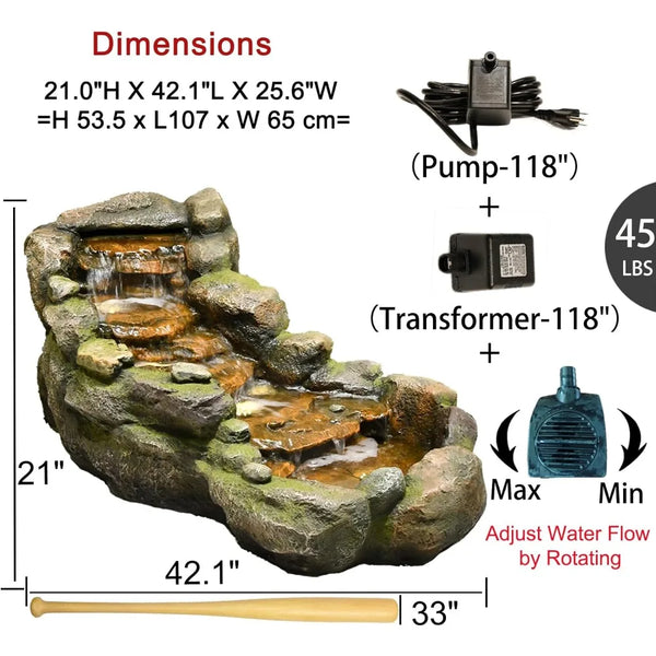 Garden outdoor fountain, floor standing layered rock outdoor fountain with LED lights and pump.