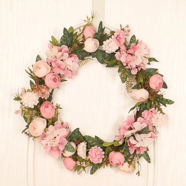 15 inch Artificial Pink Camellia Hydrangea Wreath