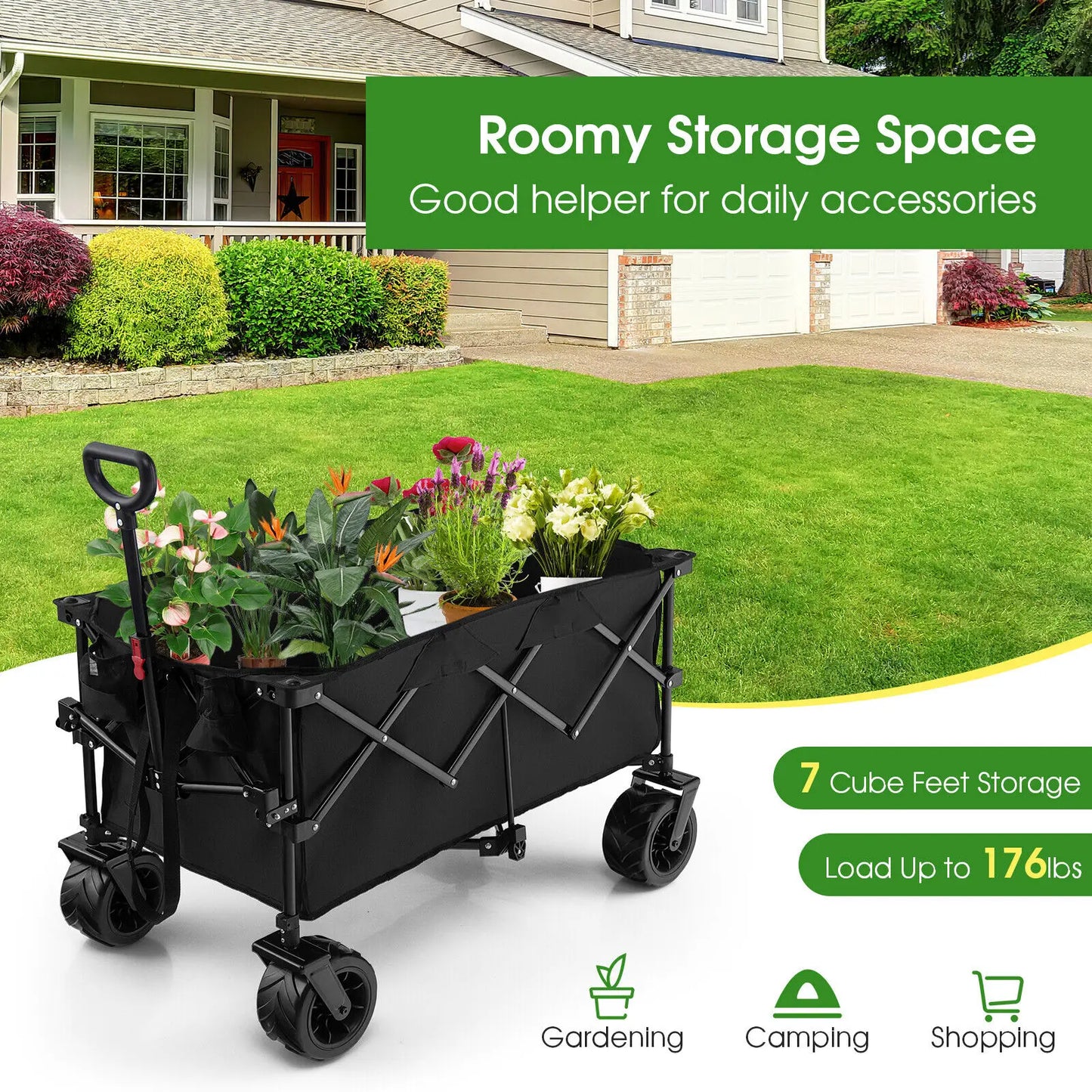 Folding Collapsible Wagon Utility Garden Cart w/ Wide Wheels Adjustable Handle - jenshomeandgardendecor