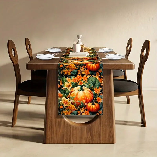 Autumn Pumpkin Floral Table Runner Perfect For Thanksgiving & Halloween Decor