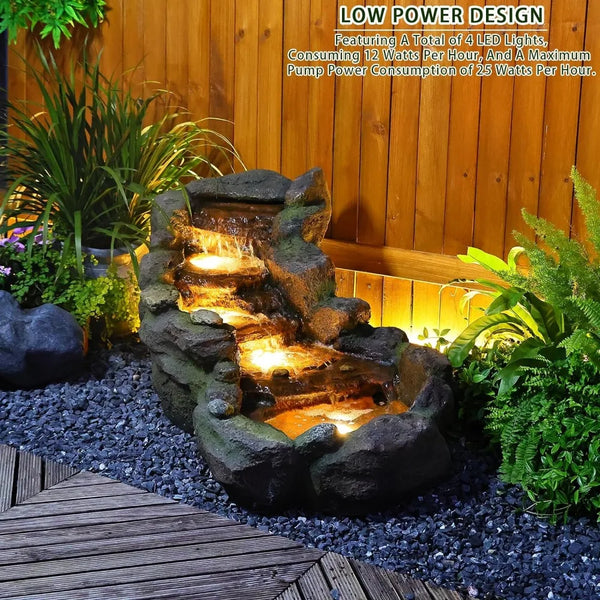 Garden outdoor fountain, floor standing layered rock outdoor fountain with LED lights and pump.