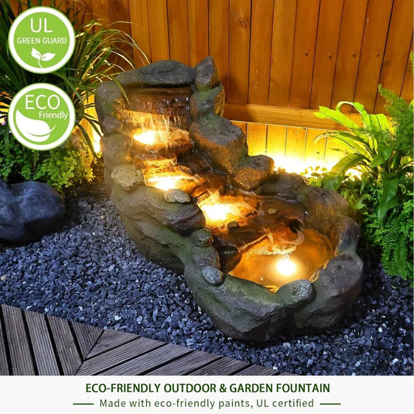 Garden outdoor fountain, floor standing layered rock outdoor fountain with LED lights and pump.