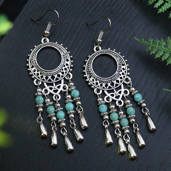 Bohemian Vintage Tibetan Silver Geometric Drop Earrings - jenshomeandgardendecor