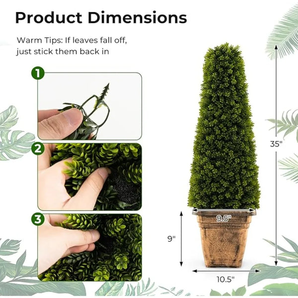 3ft Artificial Boxwood Topiary Tree, 2 Pack Cone-Shaped Faux Potted Plants with Cement Flowerpot