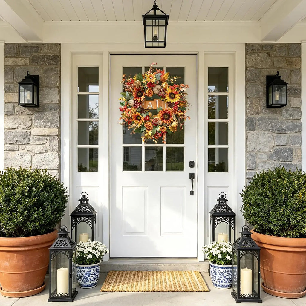 24 Inch Autumn Wreath With Sunflowers Roses Burlap Pumpkins Pinecones Wooden Sign