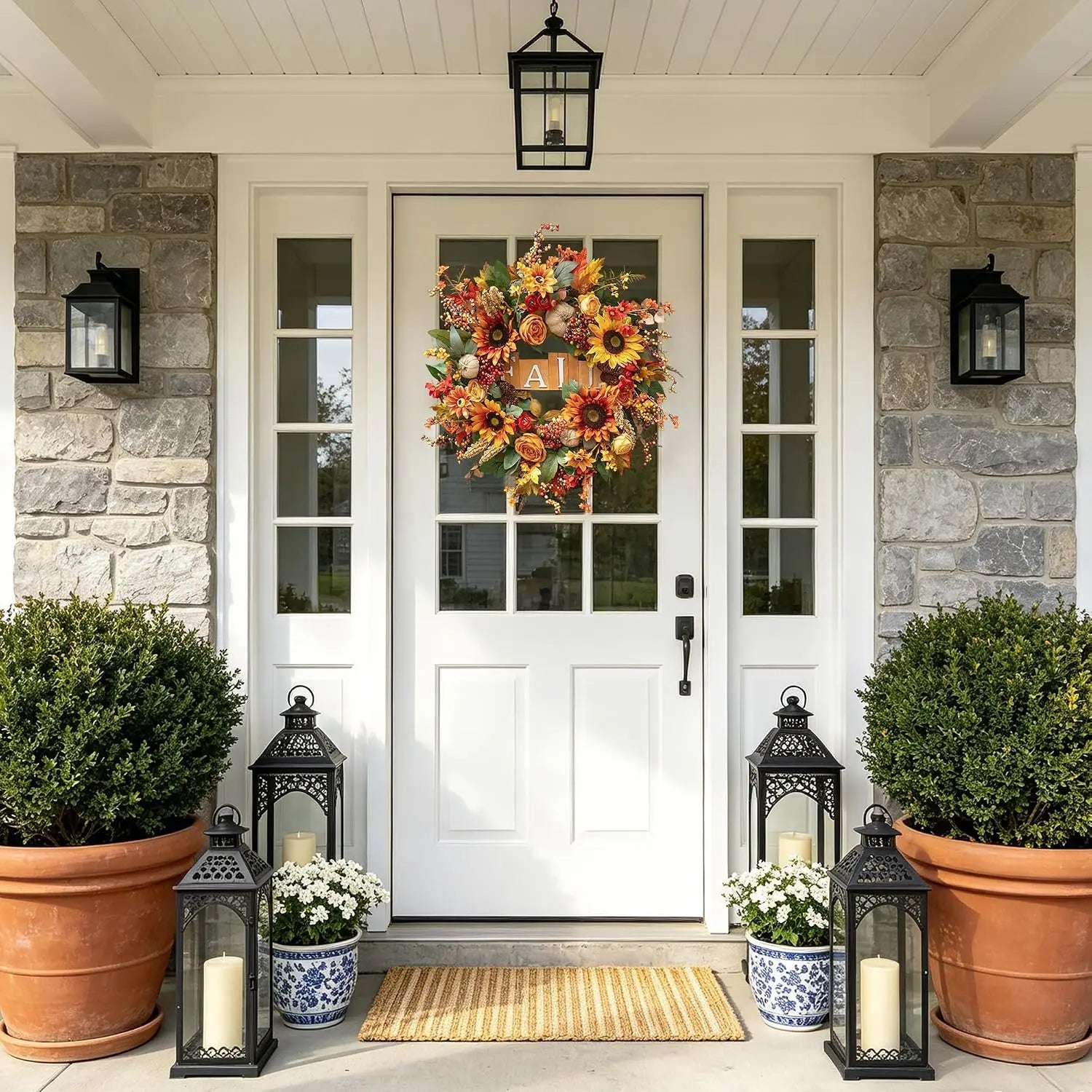 24 Inch Autumn Wreath With Sunflowers Roses Burlap Pumpkins Pinecones Wooden Sign