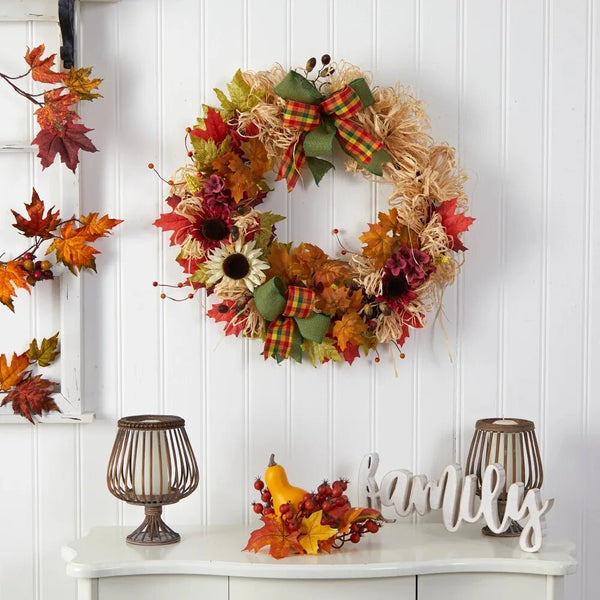 Thanksgiving  Artificial Fall Wreath With Sunflower Berries Maple Leaves - jenshomeandgardendecor