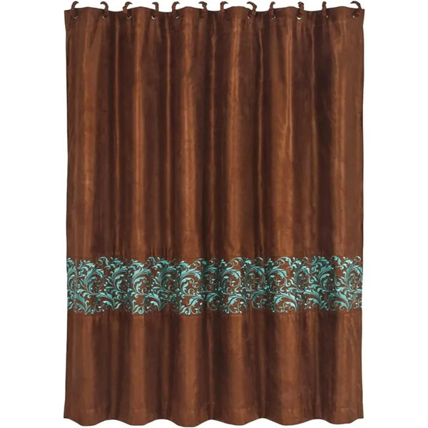 Wyatt Copper Taffeta-Style Shower Curtain W/Turquoise Scrollwork [Includes 12 Matching Fabric-Covered Shower Rings] - jenshomeandgardendecor