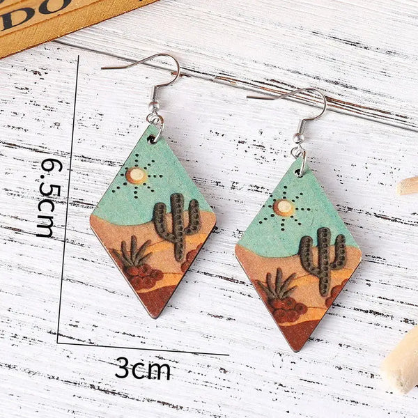 Wood Cactus Desert Scene Earrings - jenshomeandgardendecor