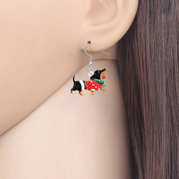 Christmas Dachshund Dog Drop Dangle Earrings