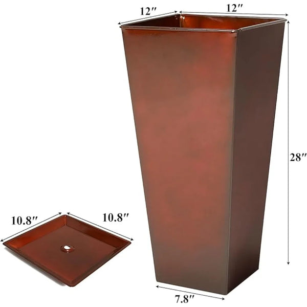 Worth Garden 28" Large Metal Glazed Planter Set of 2, Luxurious Glossy Finish Red Tall Square Tapered Steel Plant Pots