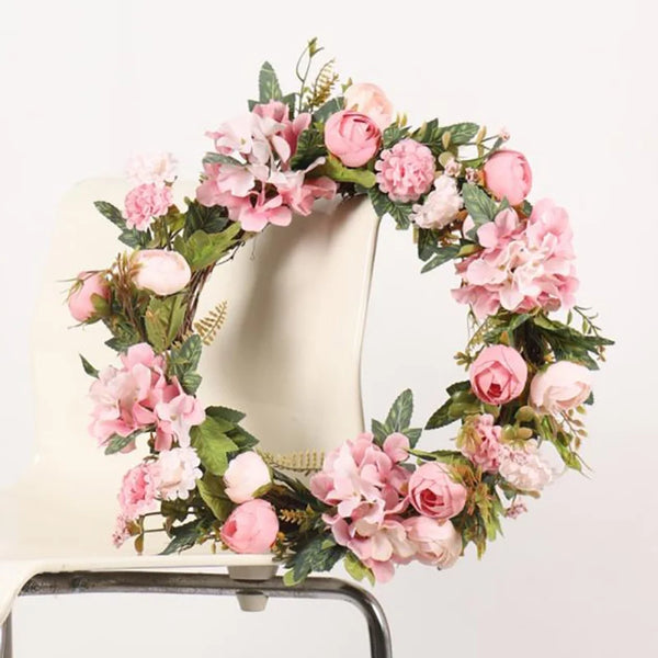 15 inch Artificial Pink Camellia Hydrangea Wreath