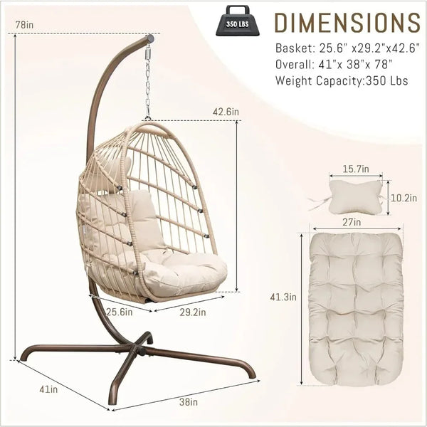 Outdoor Swing Egg Chair with Stand, 350Lbs Heavy-Duty Wicker Egg Hanging Patio Chairs W/Thick Cushion