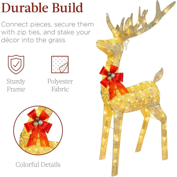 Lighted Christmas 4ft Reindeer & Sleigh Outdoor Yard Decoration Set w/ 205 LED Lights, Stakes, Zip Ties - Gold