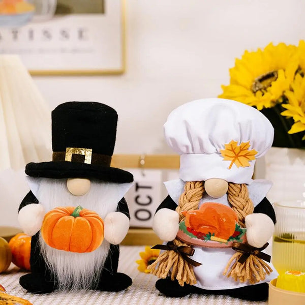 Handmade Thanksgiving Chef Gnome Dolls with Pumpkin Maple Turkey - jenshomeandgardendecor