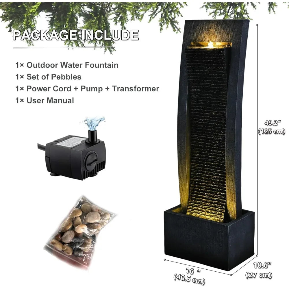 Modern Curves Indoor Waterfall Floor Standing 49.2 Inches Tall with LED Lights, Pump, Natural Stones