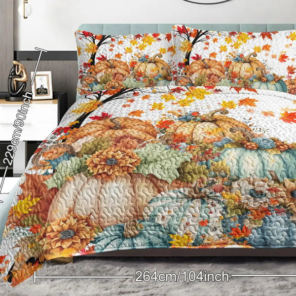 Colorful Pumpkin Oil Painting Quilt Set - 3-Piece Queen Bedding with 2 Pillowcases