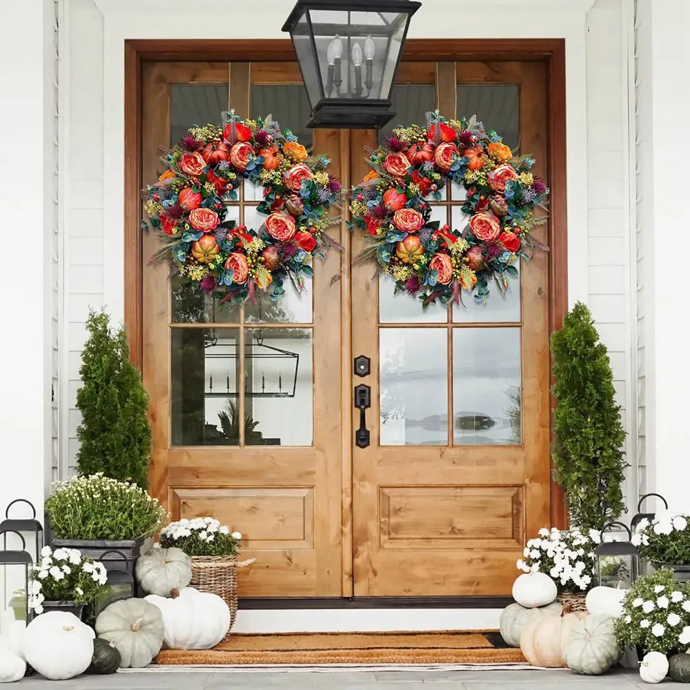 Artificial Autumn Peony And Pumpkin Wreath - jenshomeandgardendecor