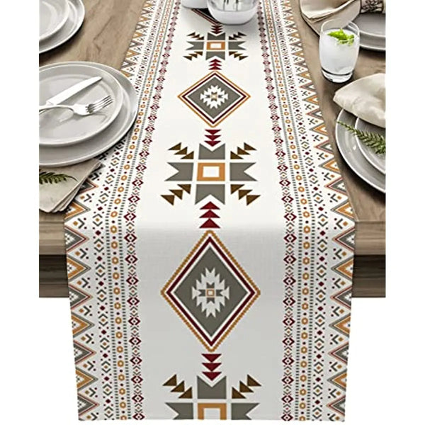 Western Boho Beige Grey Linen Table Runner - jenshomeandgardendecor