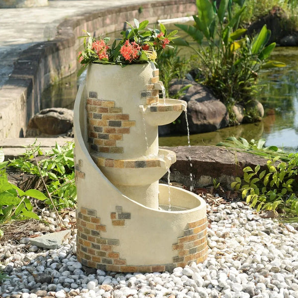 3-Tier Cascading Outdoor Water Fountains with Planter, LED Lights