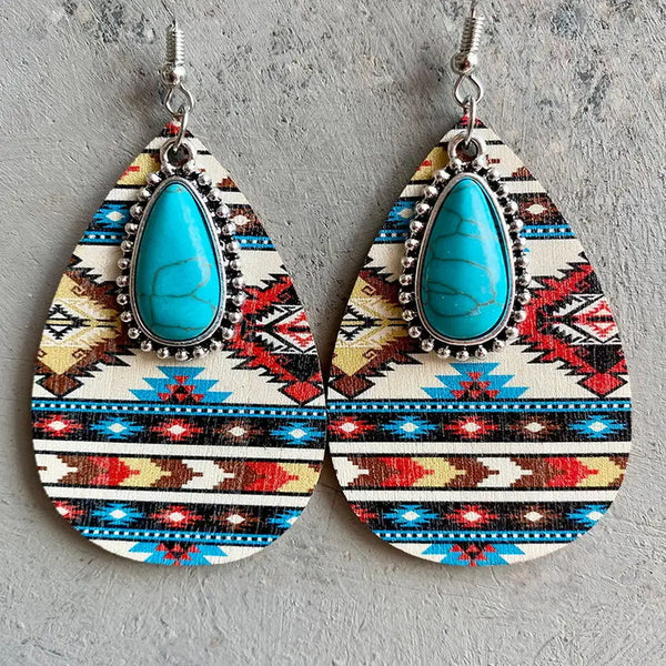 Aztec Pattern Wood Turquoise Teardrop Earrings - jenshomeandgardendecor