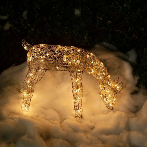 24"H Outdoor Rattan Grazing Reindeer Lawn Decoration with White Lights - jenshomeandgardendecor