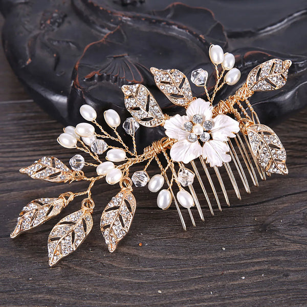 Wedding Hair Comb Side Hairpin Golden Floral Crystal