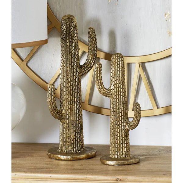 16", 12"H Gold Polystone Cactus Sculpture (2 Count) - jenshomeandgardendecor