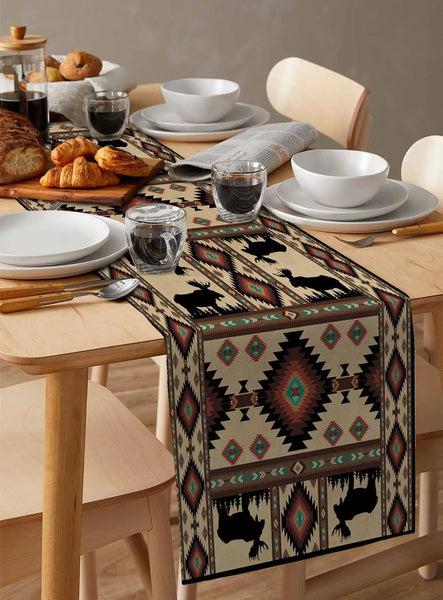 Autumn Forest Bear Deer Bohemian Geometric Retro Table Runner