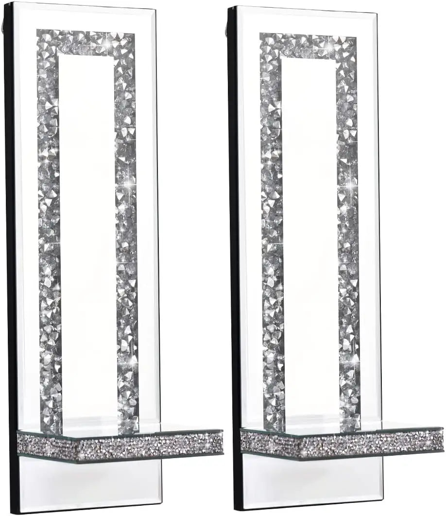 Crystal Crush Diamond Mirrored Candle Sconces, Silver Wall Candle Holder Set of 2, multiple styles available