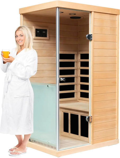 1 Person Far Infrared Sauna for Home, 2 Bluetooth Speakers, 1 LED Reading Lamp