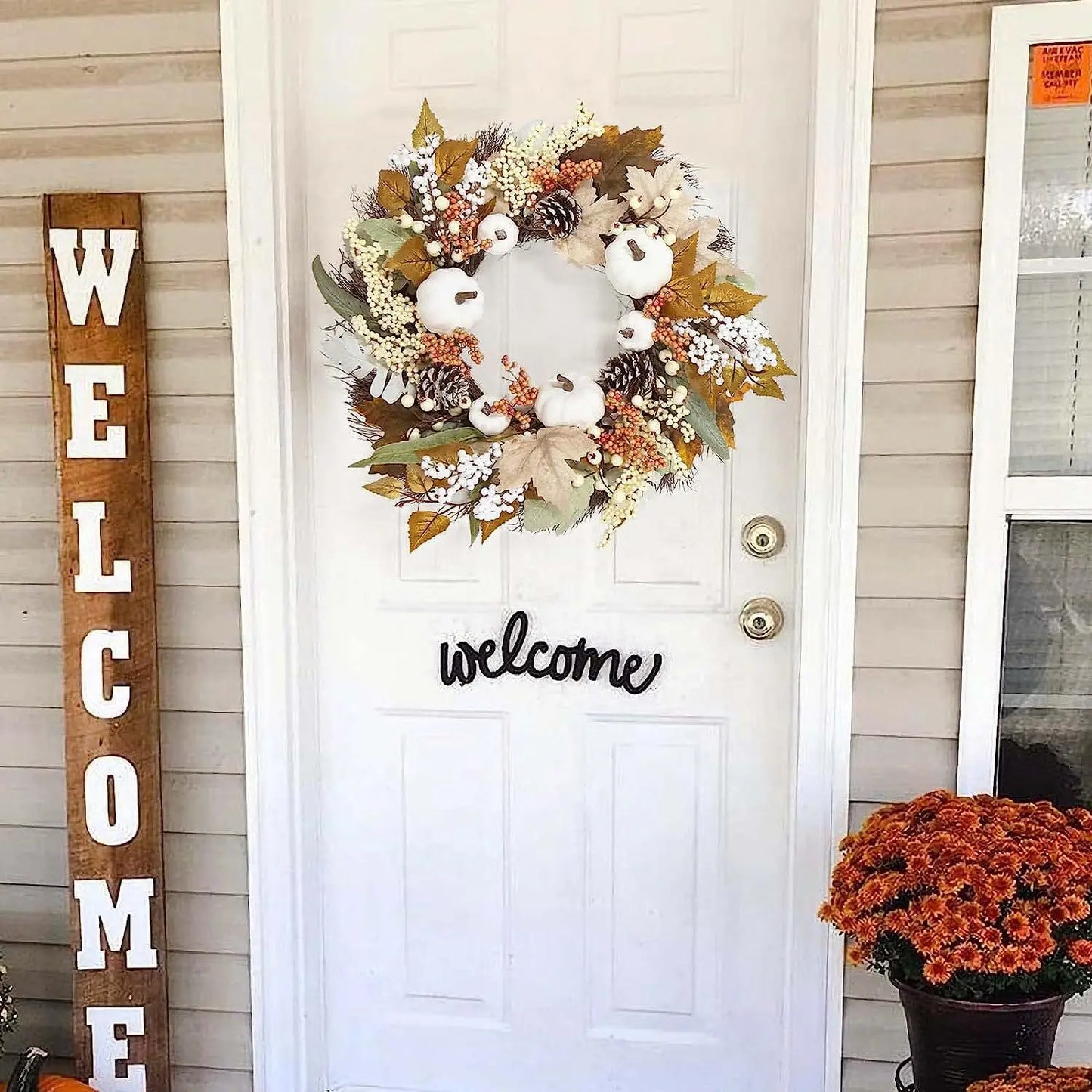 Maple Leaf White Pumpkin Wreath Rattan Set