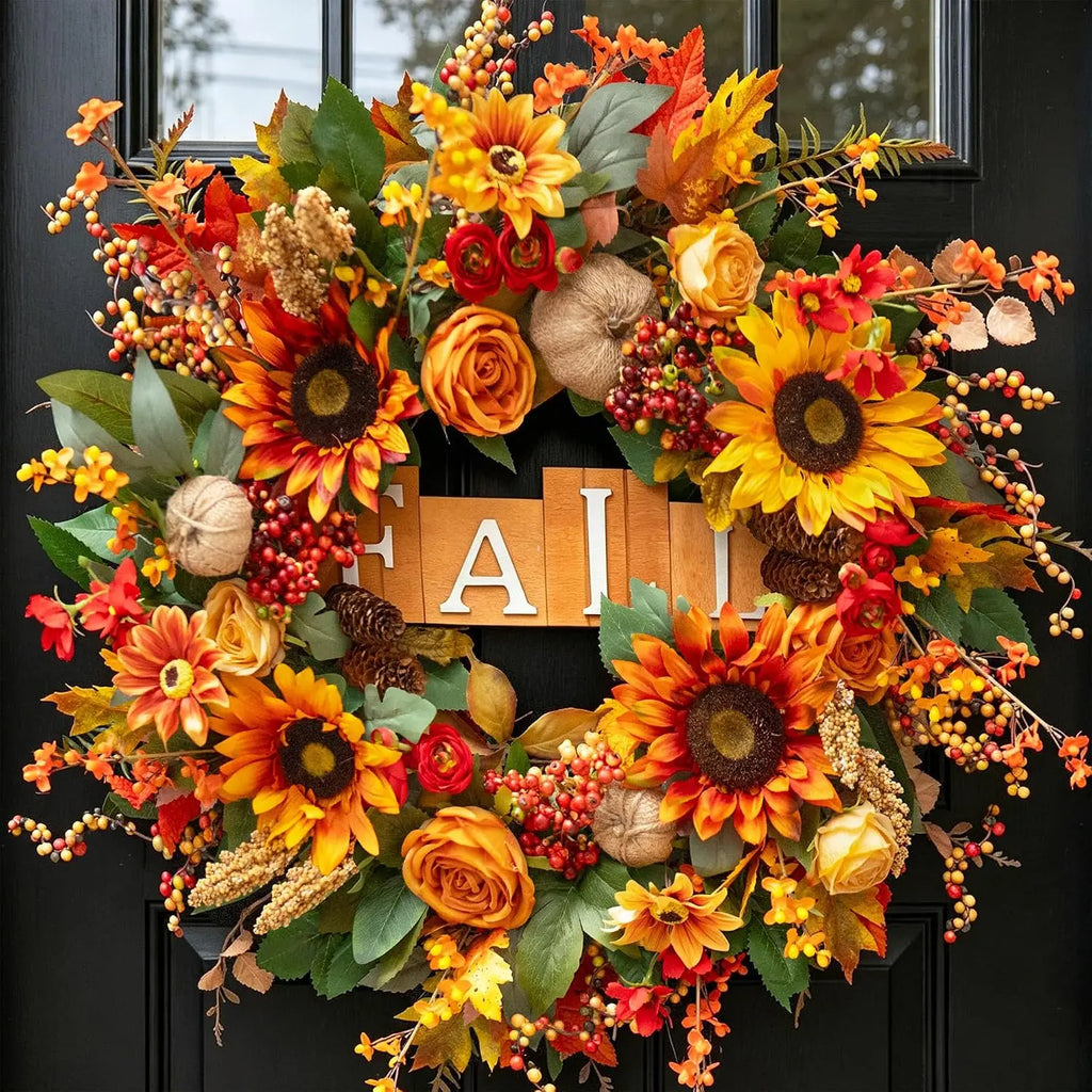 24 Inch Autumn Wreath With Sunflowers Roses Burlap Pumpkins Pinecones Wooden Sign