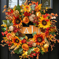 24 Inch Autumn Wreath With Sunflowers Roses Burlap Pumpkins Pinecones Wooden Sign