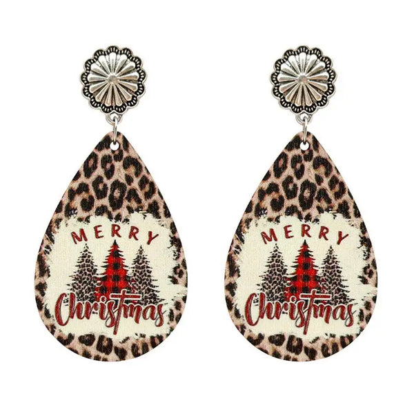 Christmas Tree Pattern Leopard Background Wood Teardrop Dangle Earrings